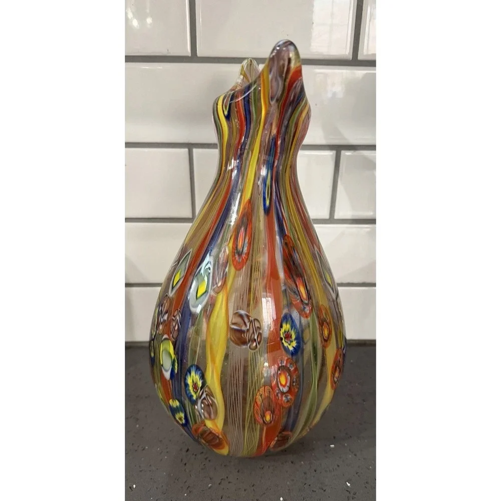 Art Glass Orange Red Blue Yellow Millefiori Vase Heavy Large